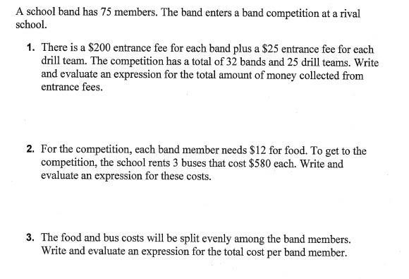 the food and bus costs will be split evenly among the band members. write and evaluate-example-1