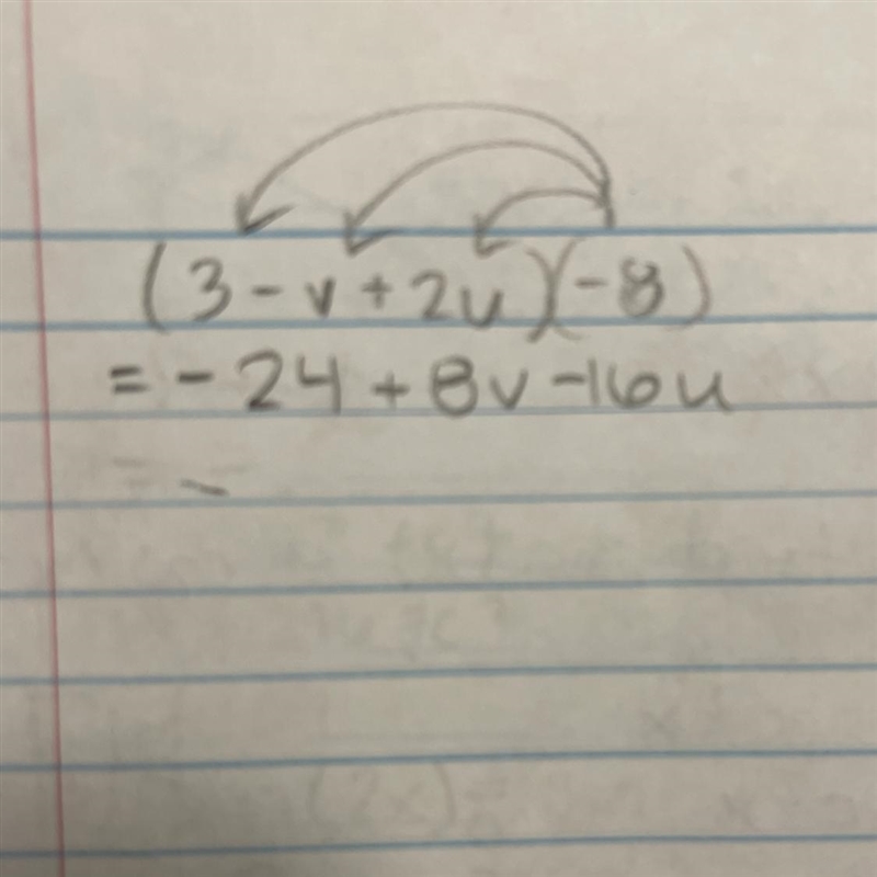 Use the distributive property to remove the parentheses. (3-v+2u)(-8) Х ?-example-1