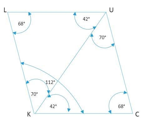 L U C K luck is parallelogram with ∠C=68° and ∠LUK=42° find: 1. m∠ CUK 2. m∠ K-example-1