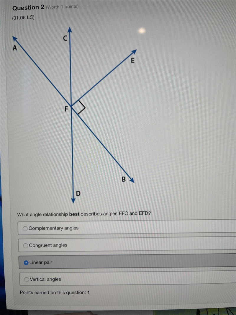 What angle relationship best describes angles EFC and EFD?-example-1