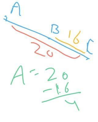 Point B is on line segment AC. Given AC = 20 and BC = 16, determine the length AB-example-1