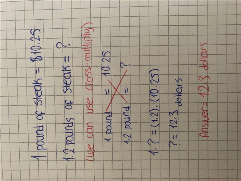 If steak costs $10.25 per pound, what will be the total cost of 1.2 pounds of steak-example-1