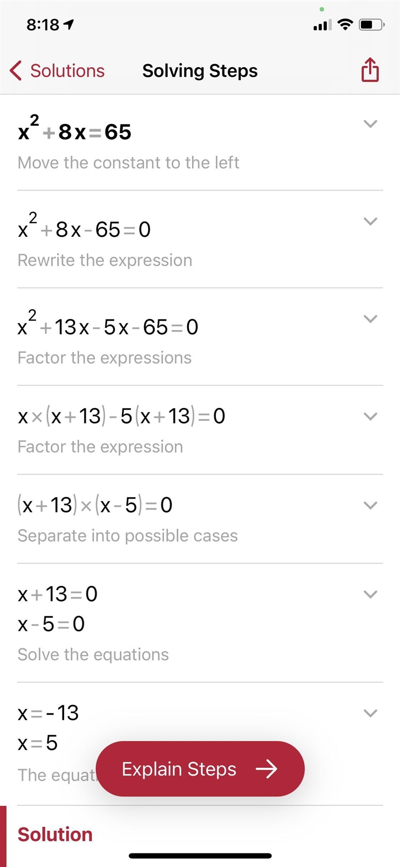 Solve using quadratic equation by factoring. x^2+8x=65-example-1