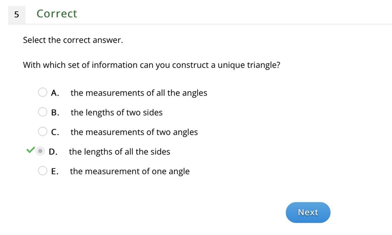 With which set of information can you construct a unique triangle? Α. the measurements-example-1