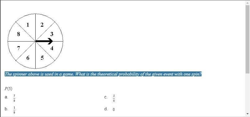 The spinner above is used in a game. What is the theoretical probability of the given-example-1