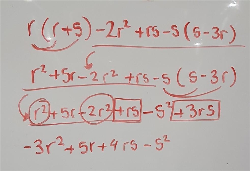 Can i have help combine liked terms : r ( r+s ) -2 r ^2 +rs-s( s-3r )-example-1