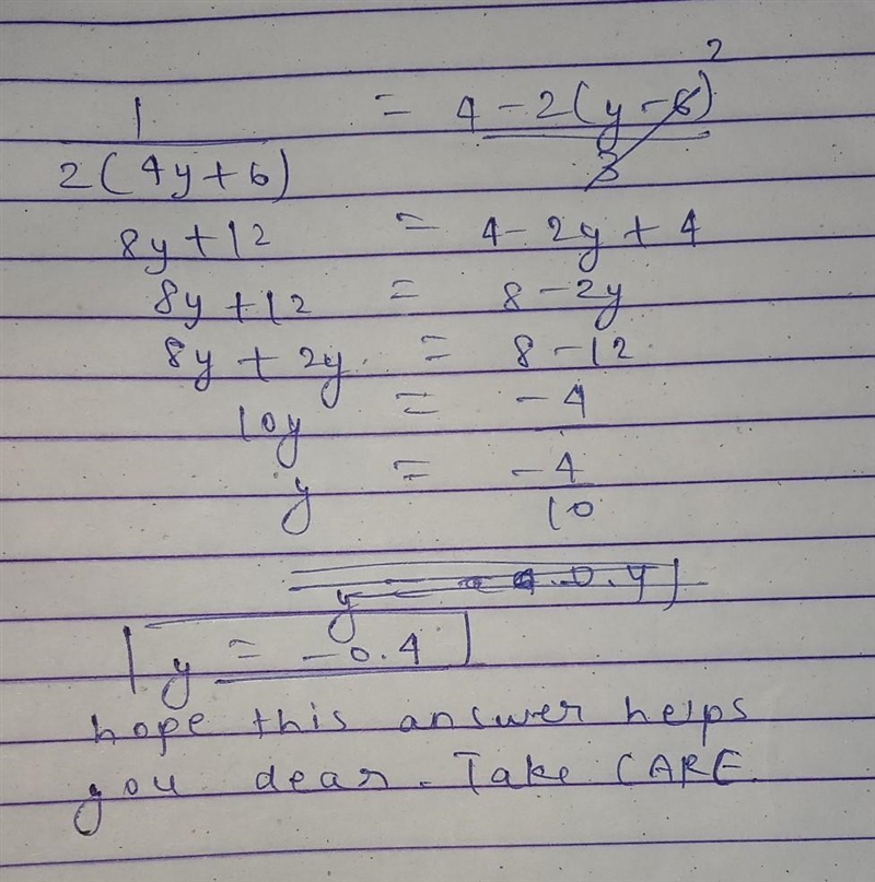 1/2(4y+6)=4-2(y-6)/3​-example-1