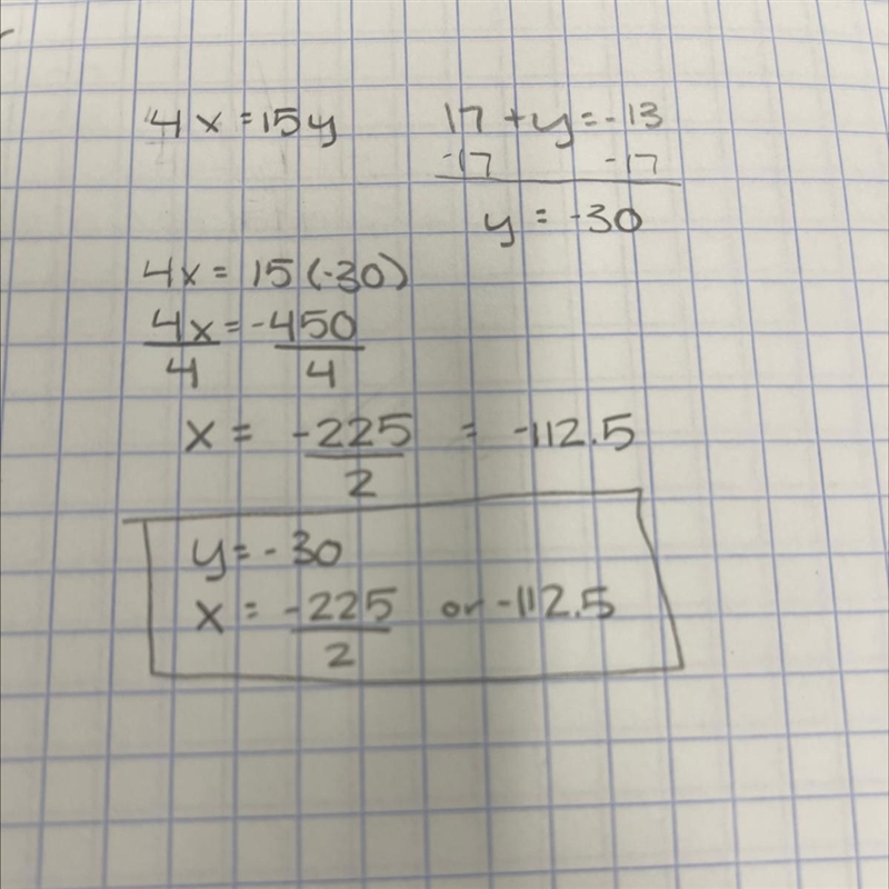 Solve the following system of equations. 4x = 15y 17 + y = -13​-example-1