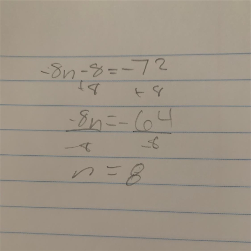 Solve the equation: −8n−8=−72 Select one: n=−20 n=−2 n=8 n=17-example-1