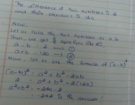 The difference of two numbers is ~2~ And their product is ~120~ What are the two numbers-example-1