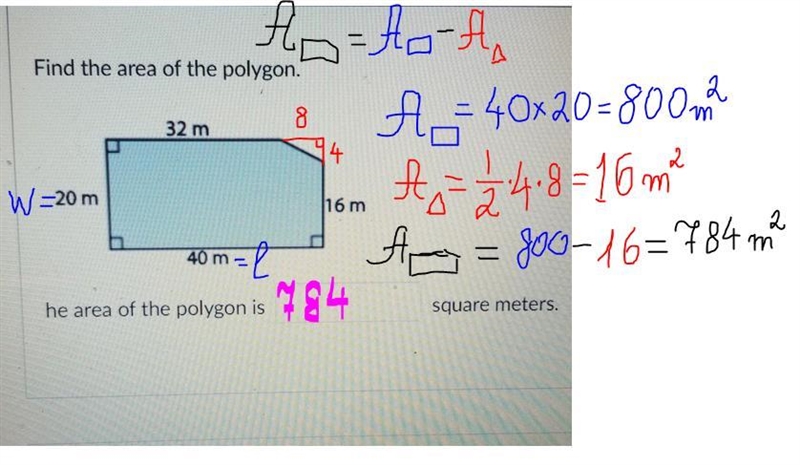 Find the area of the polygon. 32 m 20 m 16 m 40 m he area of the polygon is square-example-1