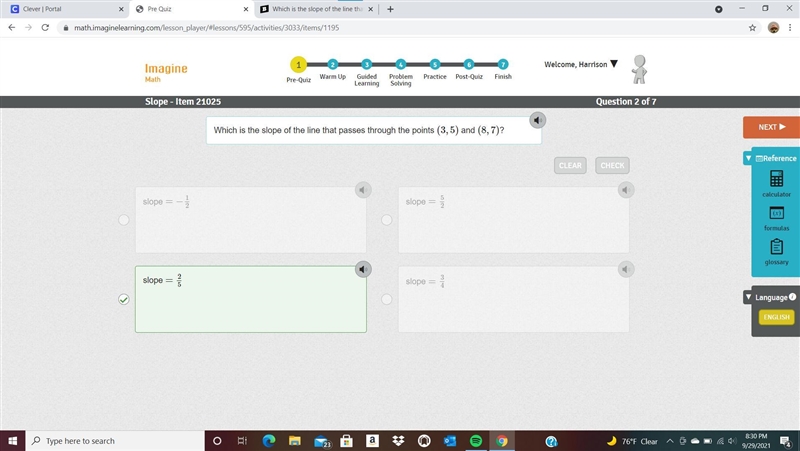 Which is the slope of the line that passes through the points (3,5) and (8,7)?-example-1