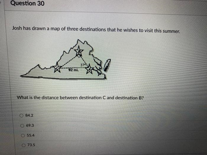 Josh has drawn a map of three destinations he wants to visit. What is the distance-example-1