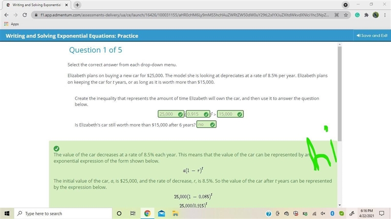 Elizabeth plans on buying a new car for $25,000. The model she is looking at depreciates-example-1