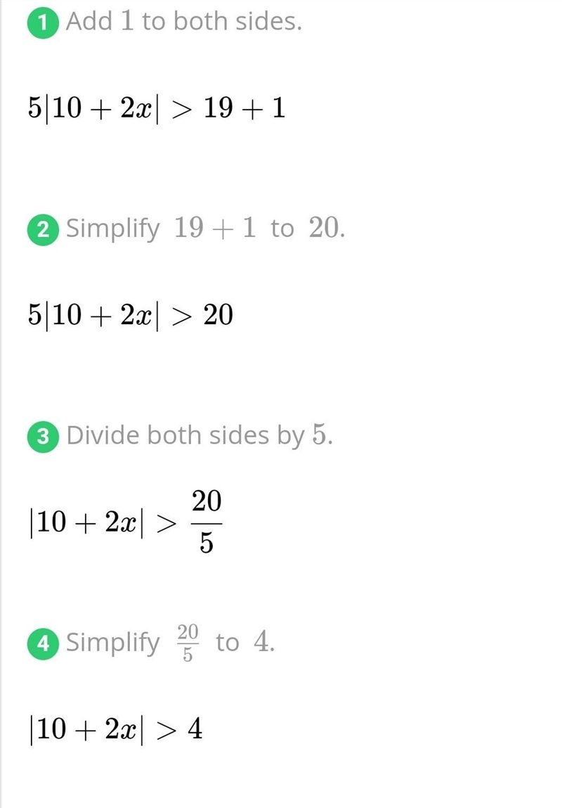 Ep video Solve the following inequality algebraically 5|10 + 2x| - 1 > 19​-example-1