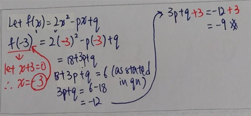 When 2x^2-px+q Is divided by x+3, the remainder is 6. Find the value 3p+q+3-example-1