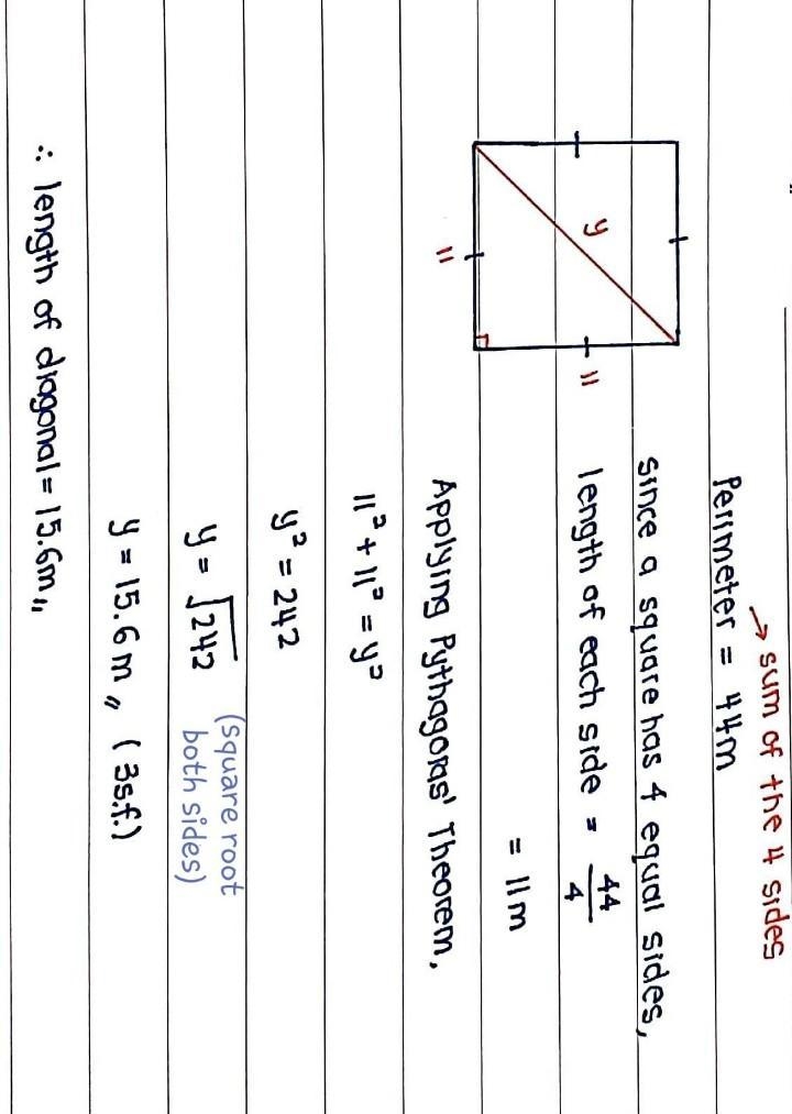 The perimeter of a square is 44 meters. Find the length of a diagonal of a square-example-1