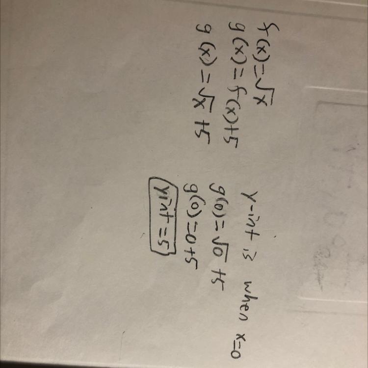 Let f (x) = √x, and let g(x) = f (x) + 5. What is the y-intercept of the graph of-example-1