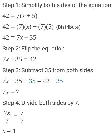 42 = 7 ( x + 5 ) solve for x-example-1