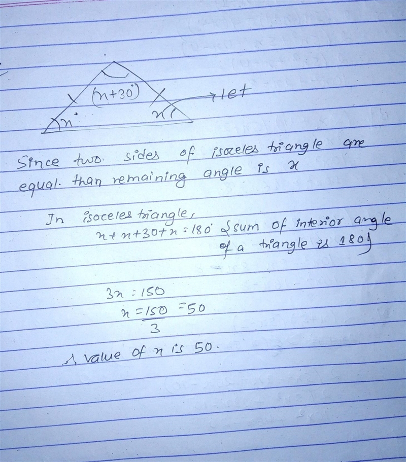 In an isosceles triangle what is the value of x-example-1