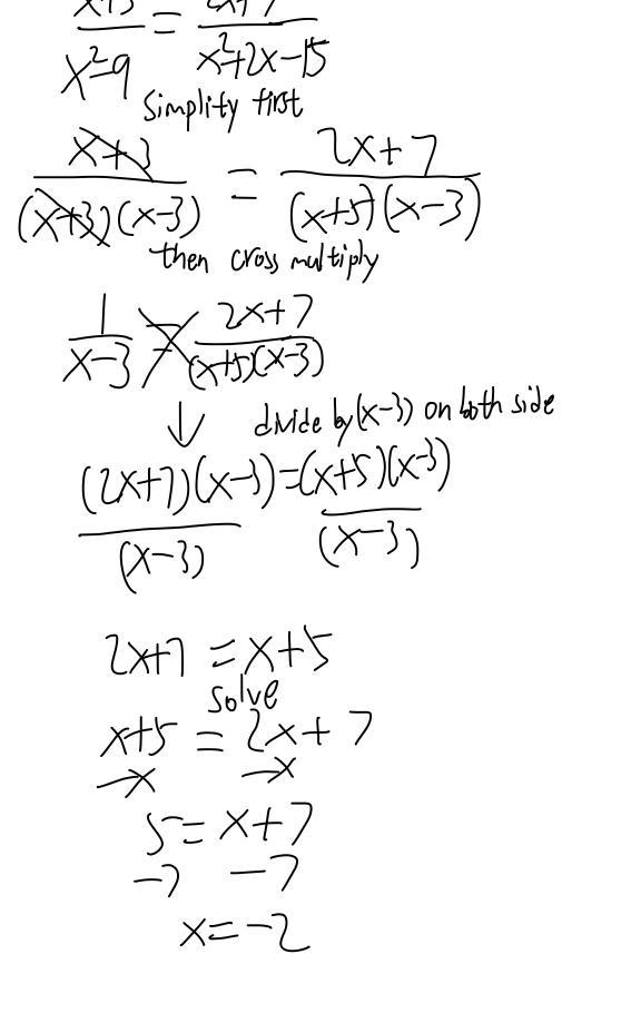 Solve for X Please show your work. (x+3)/(x^2-9)=(2x+7)/(x^2+2x-15) Thank you-example-1