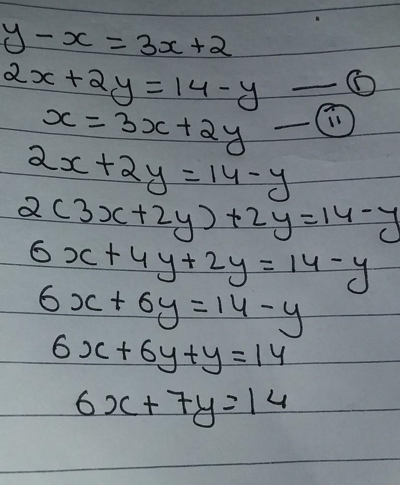 Substitution !! Check your solution y - x = 3x + 2 2x + 2y = 14 - y (by Substitution-example-1