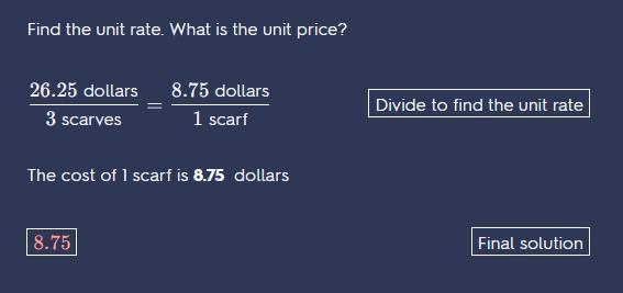 The cost of 3 scarves is $72.75. What is the unit price?-example-1