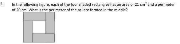 Each of the four shaded rectangles has an area of 21 cm square and a perimeter of-example-1