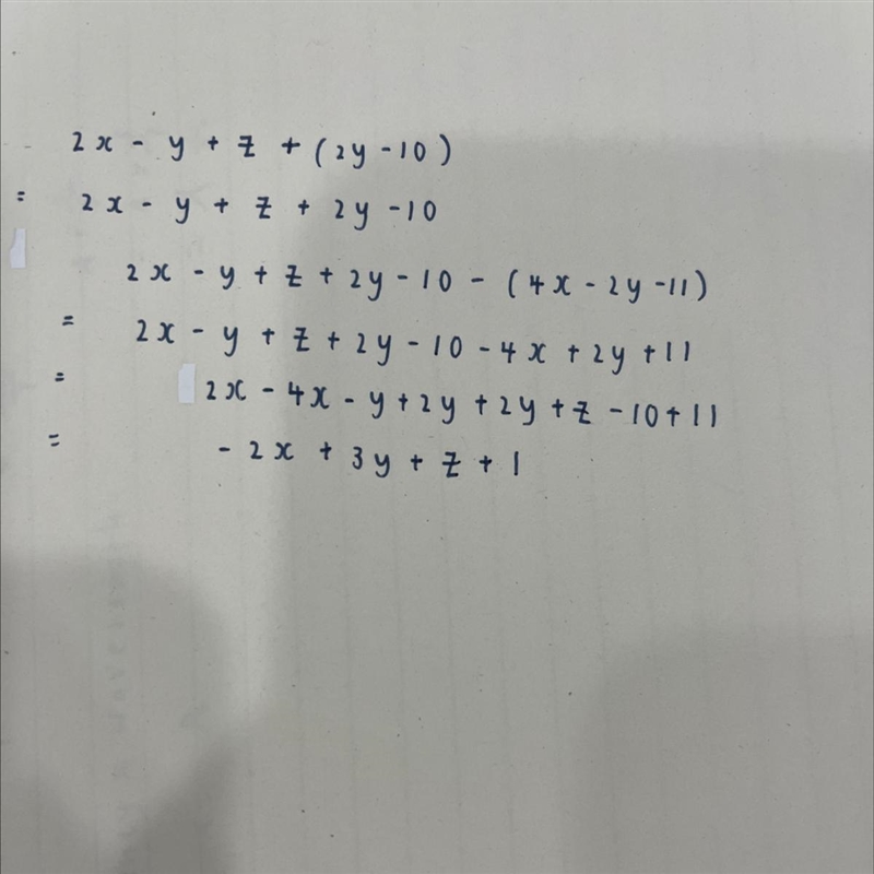 From the sum of 2x-y+z and 2y -10, subtract 4x-2y-11​-example-1