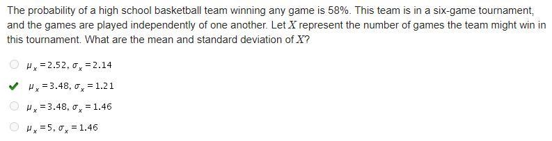 The probability of a high school basketball team winning any game is 58%. This team-example-1