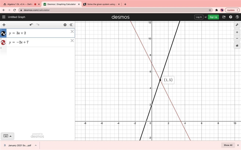 Solve the given system using your choice of either graphically or algebraically. Show-example-1