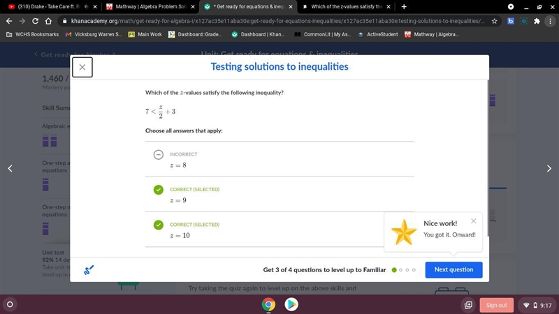 Which of the z-values satisfy the following inequality? 2 7< + 3 2 Choose all answers-example-1