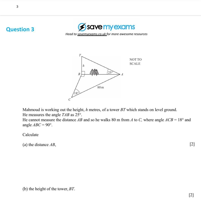 Mahmoud is working out the height, h metres, of a tower BT which stands on level ground-example-1