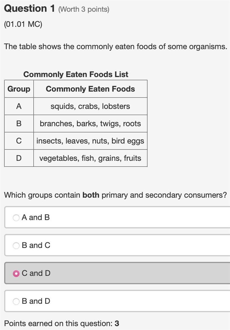 The table shows the commonly eaten foods of some organisms. A: squids, crabs, lobsters-example-1