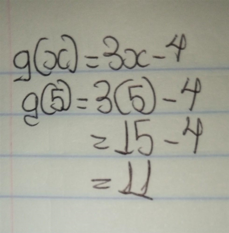 If f(x) = -x + 5 and g(x) = 3x - 4, find g(5). A. O B. 10 C. 11 D. 19-example-1