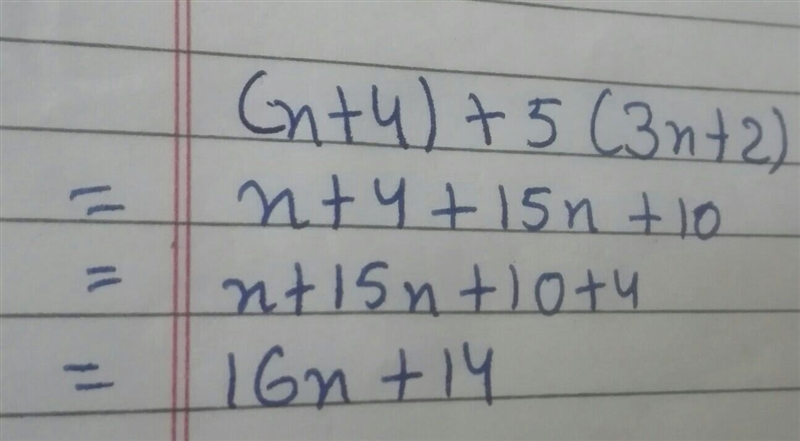 Expand the brackets and simplify (x + 4) + 5 (3x + 2)​-example-1