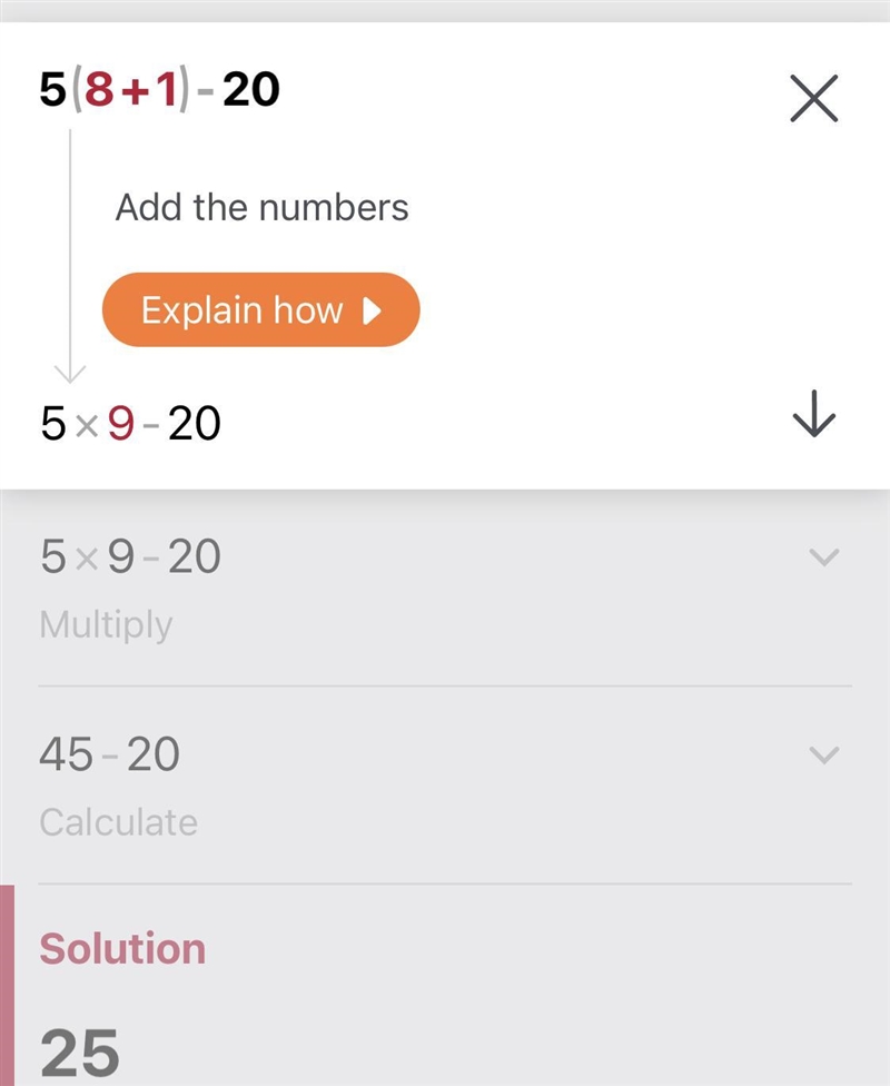 Substitute 8 for x and evaluate the expression below. 5(x + 1) - 20-example-1