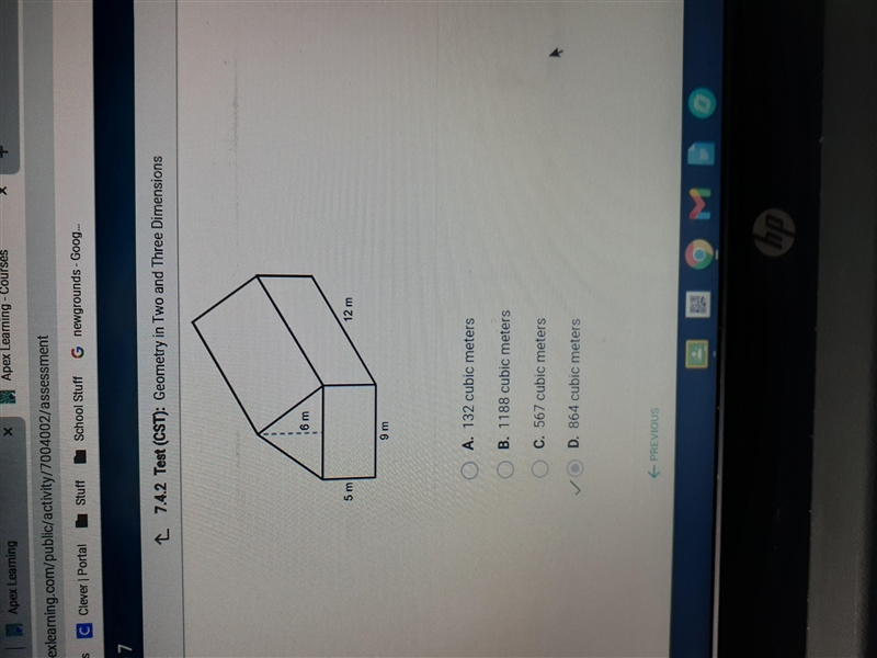 What is the volume of this composite solid? 5 m 12m A. 1188 cubic meters B. 132 cubic-example-1