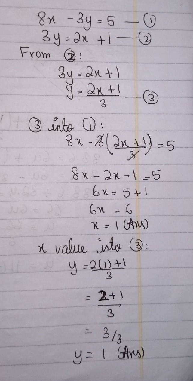 Solve the simultaneous equations by substitution 8x – 3y = 5 3y = 2x + 1-example-1