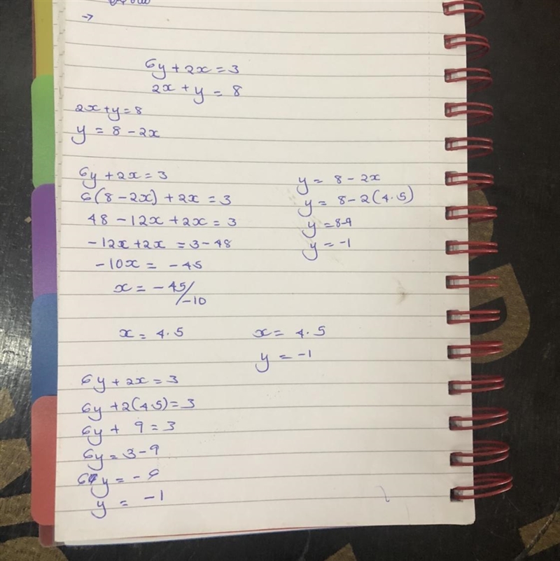 When using substitution to solve this system of equations 6y + 2x = 3 2x + y = 8 which-example-1