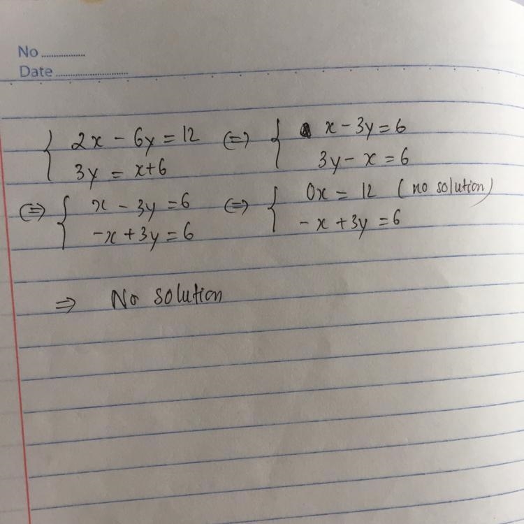 2x-6y= 12 3y=x+6 how many solutions does this problem have? No solution, one solution-example-1