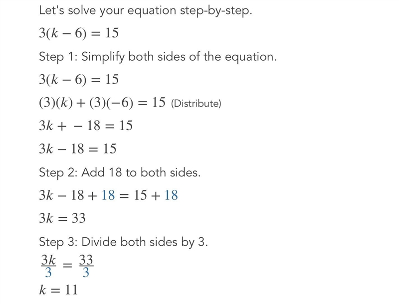 Solve the equation: 3(k-6)=15-example-1