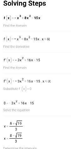 F(x) = -x^3+8x^2-15x Domain: Range: R Rel. Maximum: X=3 Rel. Minimum(s): X2 End Behavior-example-2