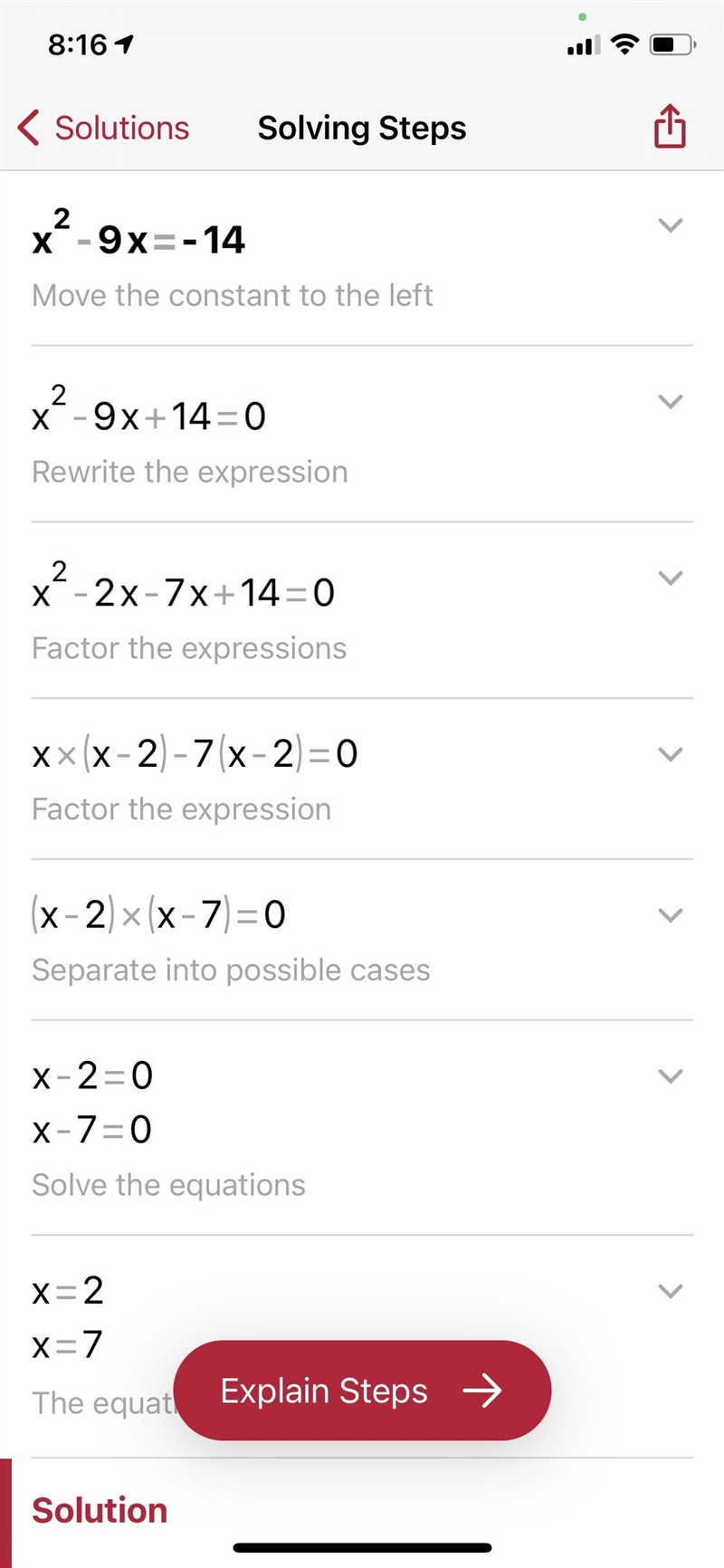 Solve using quadratic equation by factoring. x^2-9x=-14-example-1