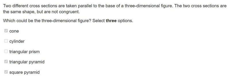 Two different cross sections are taken parallel to the base of a three-dimensional-example-1