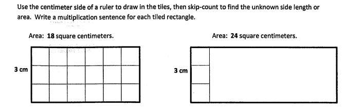 Skip-count to find the unknown area. Write a multiplication sentence for each tiled-example-1