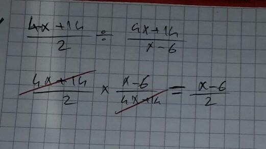 Simplify the following expression. \displaystyle{(4x+14)/(2)/(4x+14)/(x-6)}-example-1