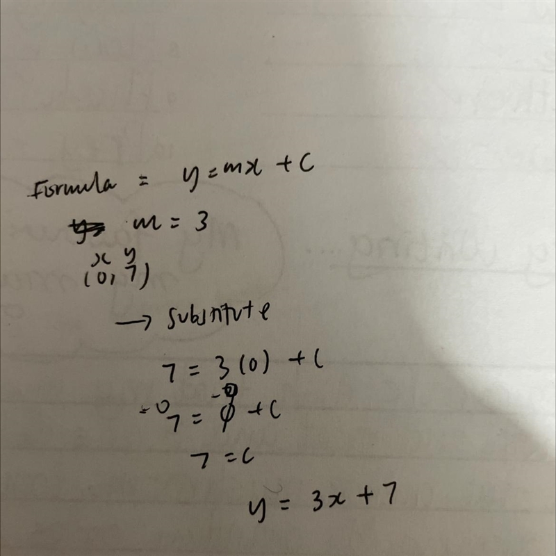 Which equation describes the line with slope of 3 and containing point (0,7)?-example-1