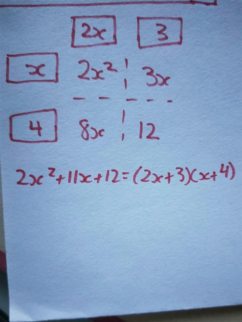 1 Factorise 2x2 + 11x + 12. You can use the grid to help. 2x 3x 8x 1 12 2x2 + 11x-example-1