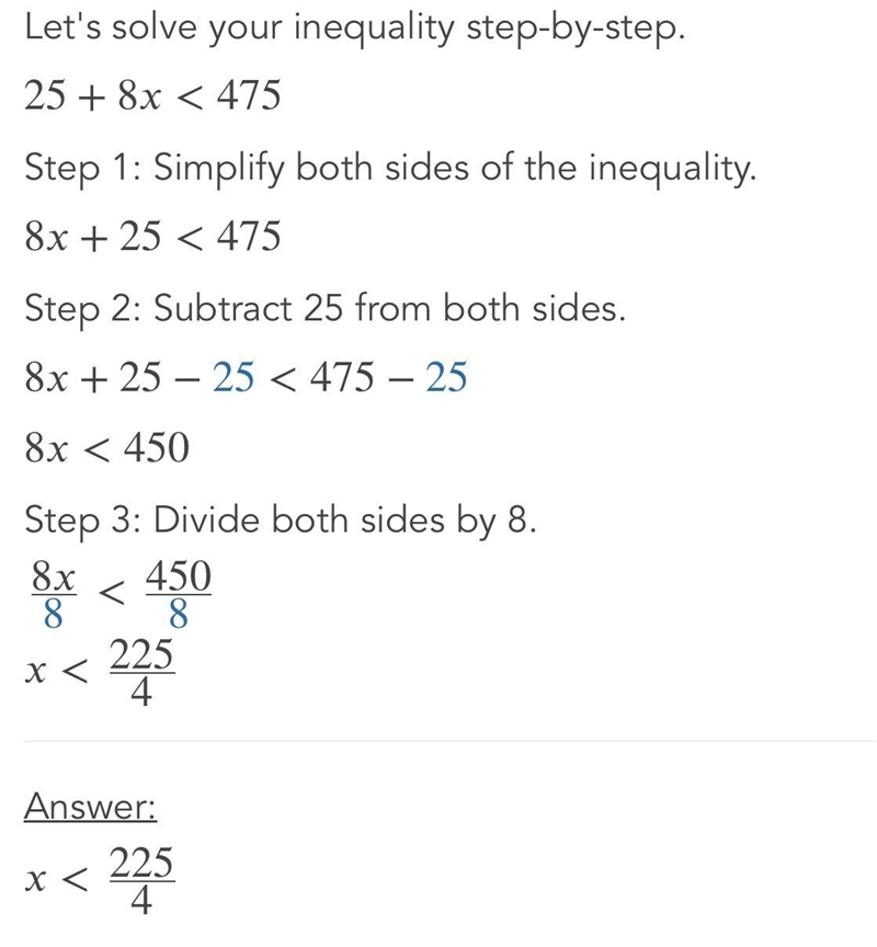 Solve the inequality 25 + 8x \leqslant 475 ​-example-1